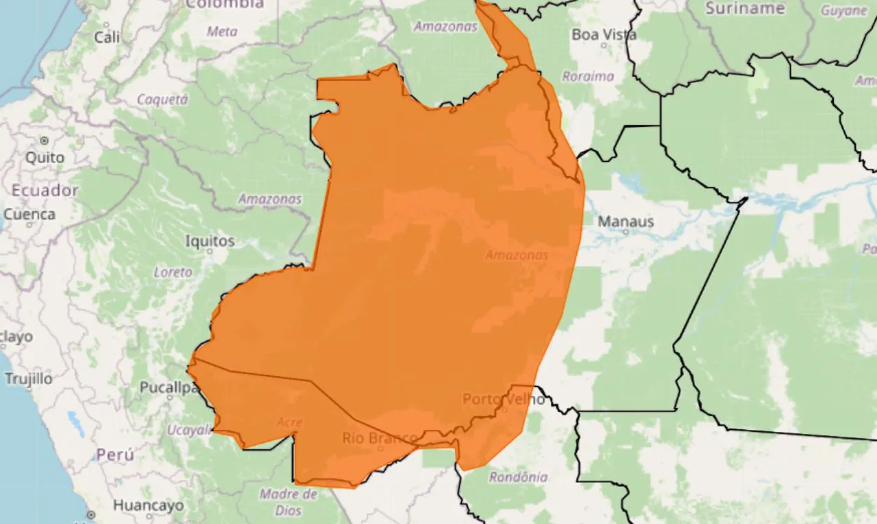 o mapa mostra as &aacute;reas em alerta laranja para chuva intensa